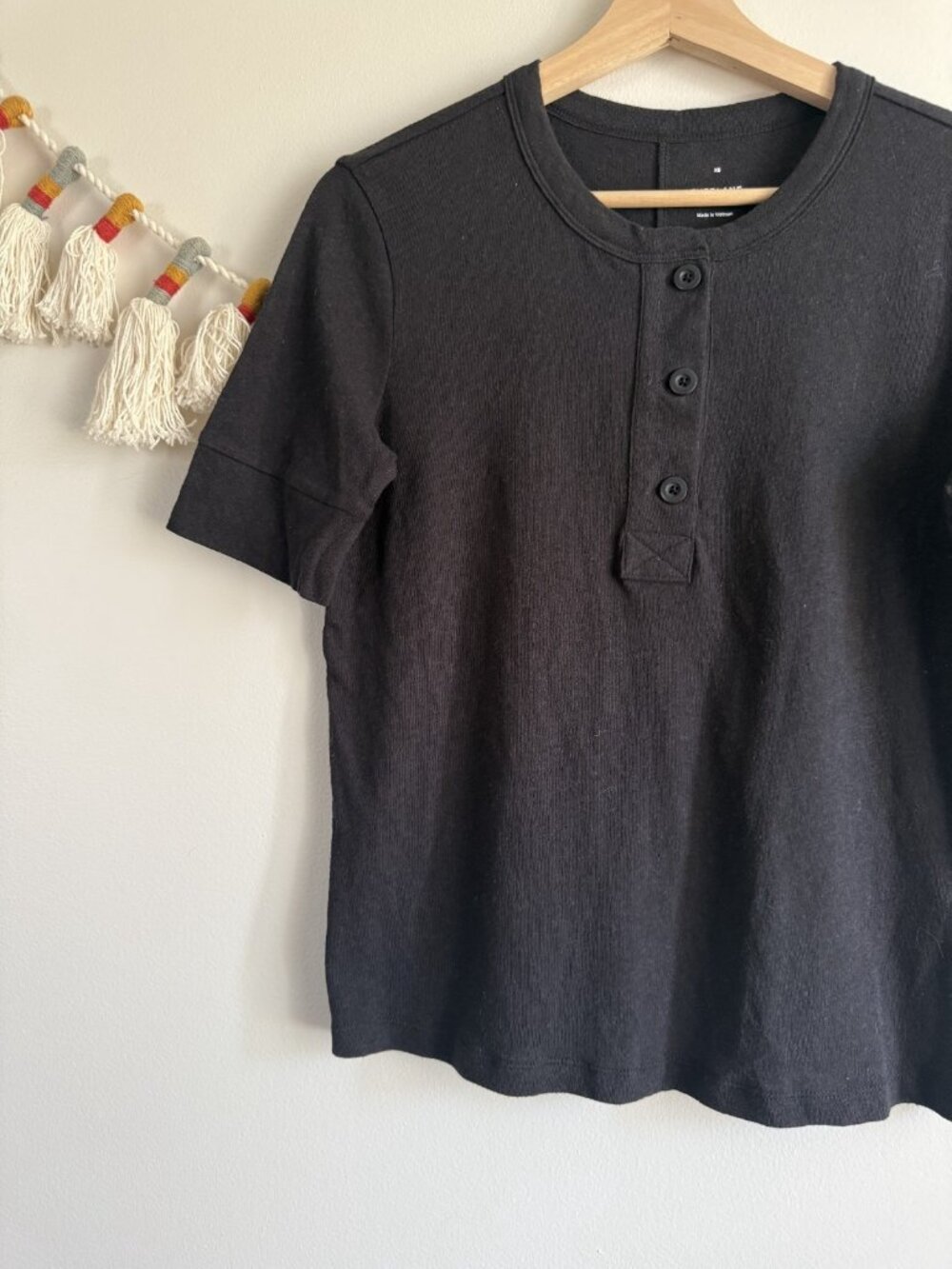 Everlane The Henley In Cotton Linen Black Short Sleeve Top Coastal Breathable XS - Picture 5 of 9
